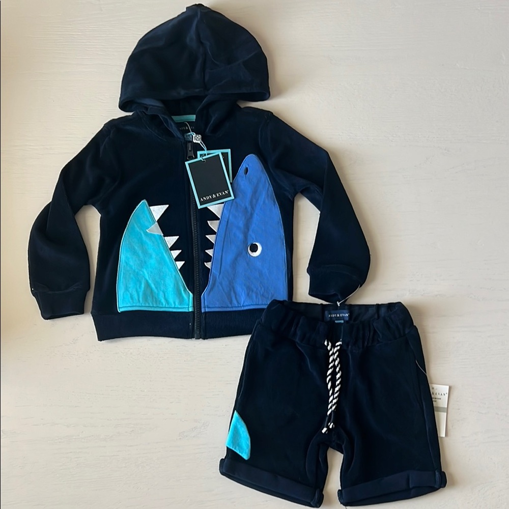 Andy & Evan Boys Matching Set Terry Sharks Hoodie Shorts 2T 5